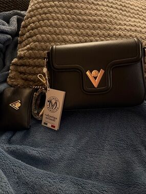 Valentino Orlandi Black Crossbody Bag with Gold V Accent